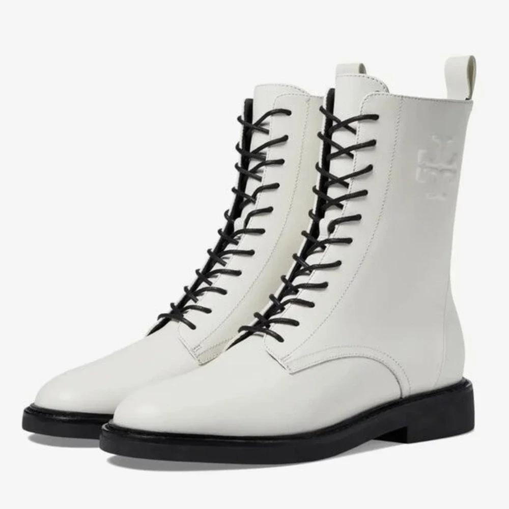 NWOB Tory Burch‎ Double-T Croc Embossed Combat Boot in Blanc Size 7.5